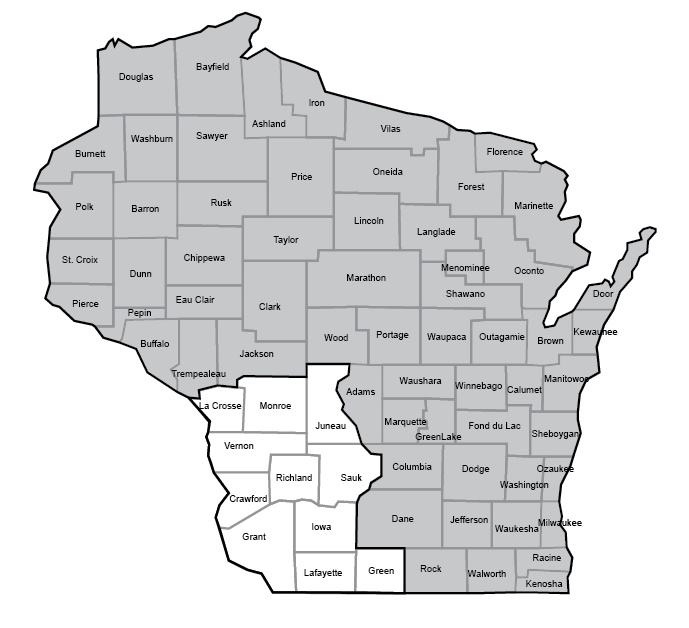 Map of Wisconsin showing the 11 counties where policies were written